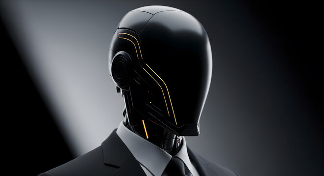 A sleek futuristic robot wearing a professional business suit in a studio setting.