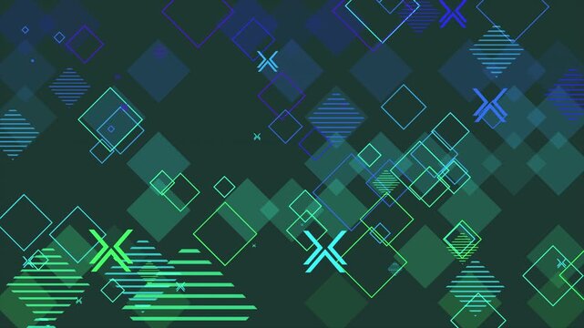 Futuristic abstract background featuring neon green and cyan geometric shapes, glowing outlines, layered grids, and digital patterns on a dark teal backdrop