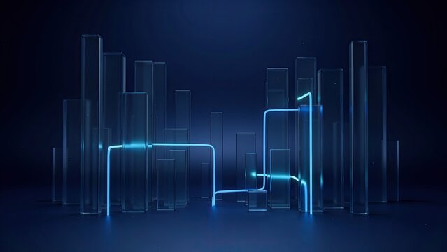 Glass skyscrapers connected by a glowing blue digital light conduit stand against a dark background.