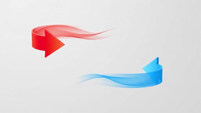 Red and Blue Fluid Arrows Moving in Opposite Directions on White Background.