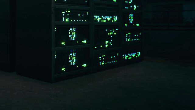 Small lights blink on a bank of electronics in a dark room. The equipment shows different patterns with green and blue lights. It appears to be a computer server or similar technology.