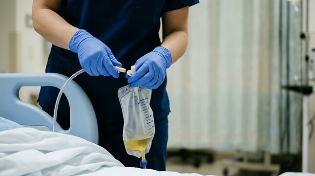 Nurse in blue gloves connecting a medical drainage bag to a tube in a hospital room