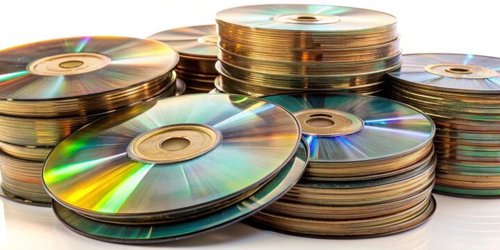 Stacked Collection of Colorful Compact Discs on a White Background