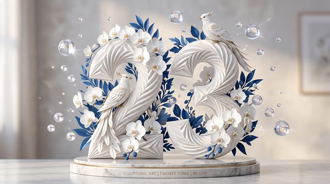 Decorative number 23 sculpture with white flowers and doves for anniversary celebration