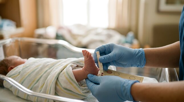 Newborn baby foot heel prick blood test for screening in hospital nursery