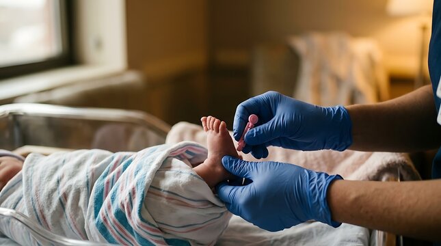 Nurse performing heel prick test on newborn baby's foot in hospital nursery
