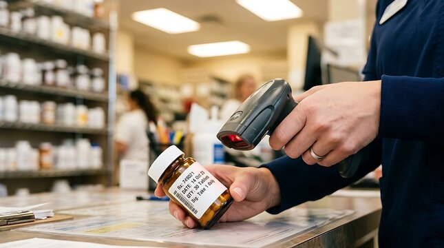 Pharmacist scanning prescription bottle with barcode reader in pharmacy