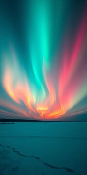 Aurora auras dance across turquoise sky, swirling with vibrant orange lights, aurora, energy