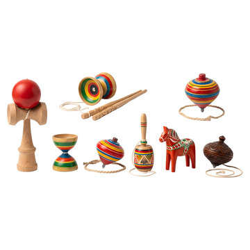 Set of Traditional Wooden Games Kendama Yo-Yo Diabolo Top and Dala Horse Isolated on Transparent Background