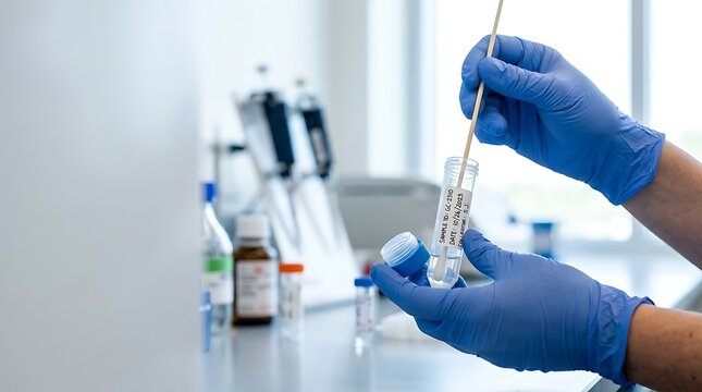 Scientist in blue gloves collecting sample with swab in laboratory setting