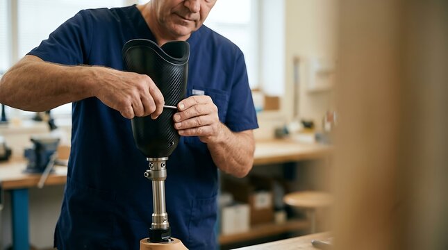Prosthetist assembling a carbon fiber prosthetic leg in a workshop