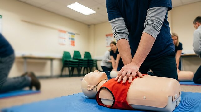 CPR training class with instructor demonstrating chest compressions on a dummy
