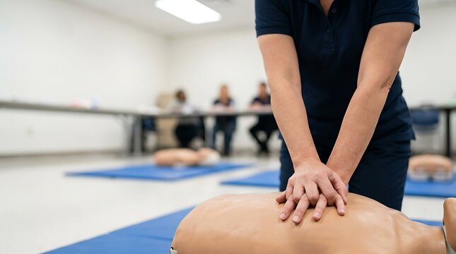 CPR training class with instructor demonstrating chest compressions on a dummy