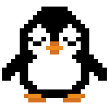 Retro 8-bit style pixel penguin with eyes closed.