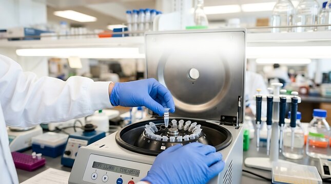 Scientist in blue gloves places vial into centrifuge in modern laboratory setting