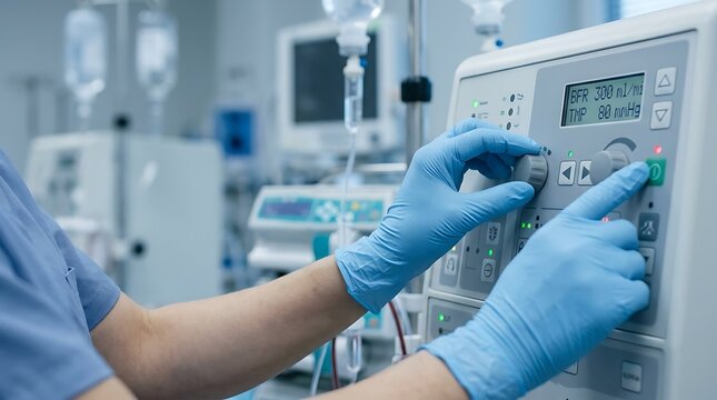 Medical professional adjusts dialysis machine controls in a hospital setting