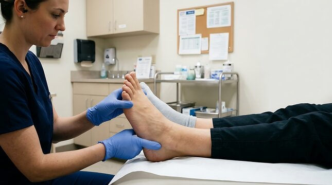 Medical professional examines patient's foot in clinic examination room