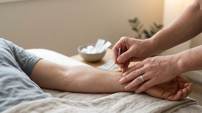 Acupuncture treatment on a person's arm with fine needles inserted by a therapist