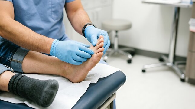 Podiatrist examining patient foot with blue gloves in a medical clinic