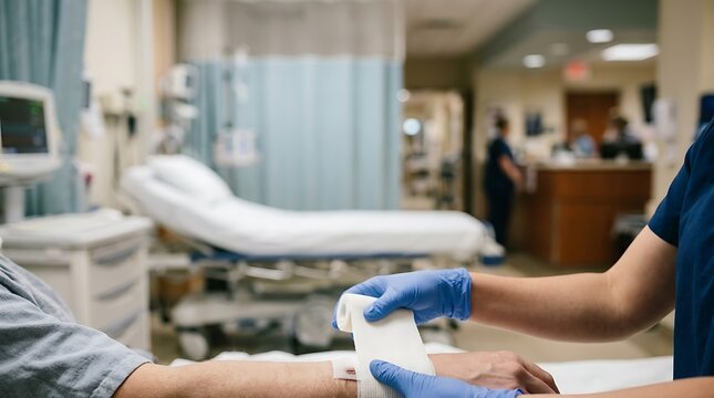 Medical professional applies bandage to patient's arm in hospital room