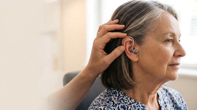 Senior woman with hearing aid receives assistance from caregiver adjusting device