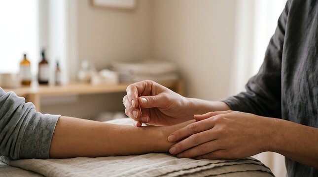 Acupuncturist applying needle to patient's arm in a serene treatment room