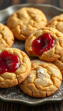 Golden-brown butter cookies being filled with vibrant red jam, cookie packaging, baked goods