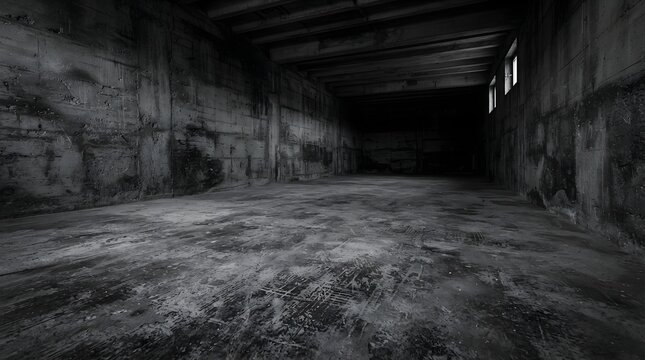 A dark abandoned basement interior with rough concrete walls and floor perfect for a moody black friday sale background