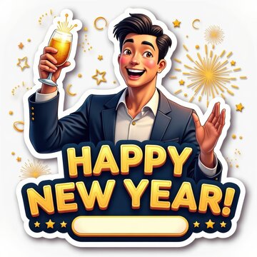Celebration of New Year with Joyful Young Man Toasting Sparkling Drink