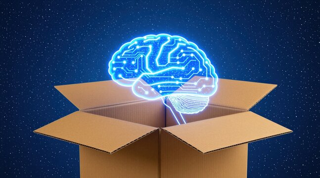 Glowing abstract brain emerges from cardboard box. Digital mind forms, suggesting new concepts, intelligence, and startup ideas. Think outside the box.