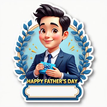 Happy Young Man in Suit Holding Gift Box Surrounded by Flowers for Father's Day Celebration