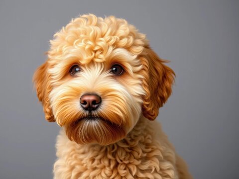 Apricot-coated Goldendoodle Groodle portrait on grey background, eyes shining bright, friendly eyes., cozy atmosphere