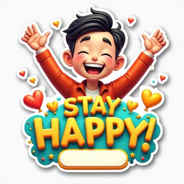 Joyful Cartoon Boy Expressing Happiness with "Stay Happy" Sign and Vibrant Heart Decorations