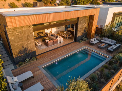 Aerial view of a modern luxury home at sunset with a swimming pool, wooden deck, and open sliding doors blending indoor and outdoor living spaces.