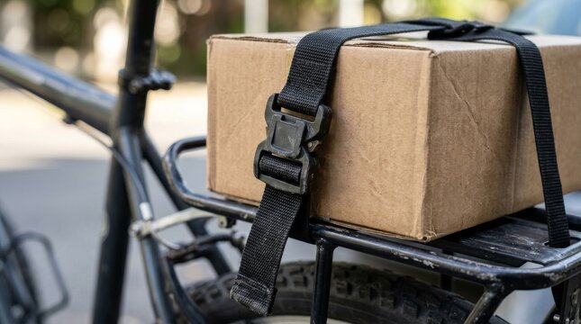Cardboard box strapped to the rear rack of a bicycle for local delivery.