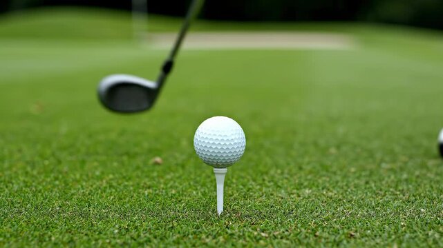 Golfer's gloved hand places ball on tee during sunny day on golf course green
