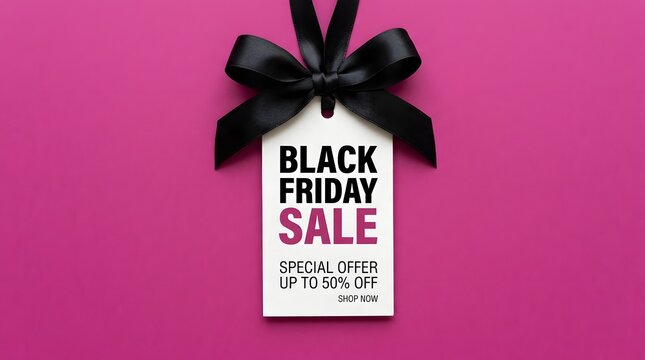 A white gift tag with a black ribbon bow advertising a black friday sale on a vibrant pink background surface