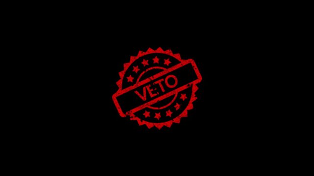 Red veto stamp imprint on black background with alpha channel. Rejection symbol for failed corporate business proposal contract.