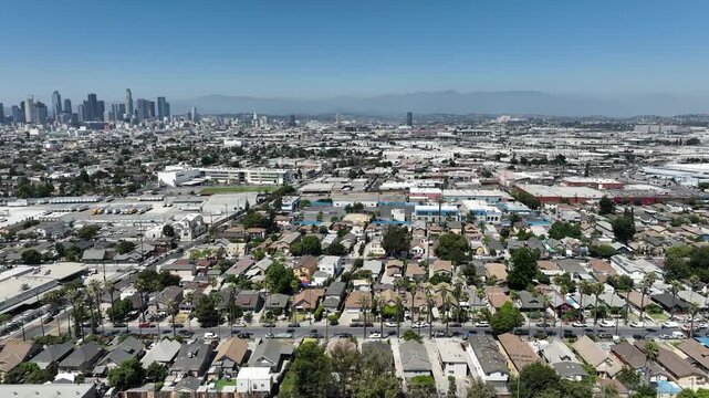 Los Angeles Downtown East from South Los Angeles Aerial Shot Back California USA