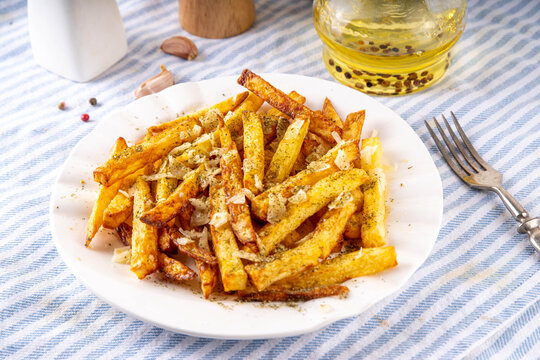 Homemade Garlic Parmesan French Fries, Air Fried Potato Wedges with Grated Parmesan, Garlic, Dried Herbs, tasty viral food recipe