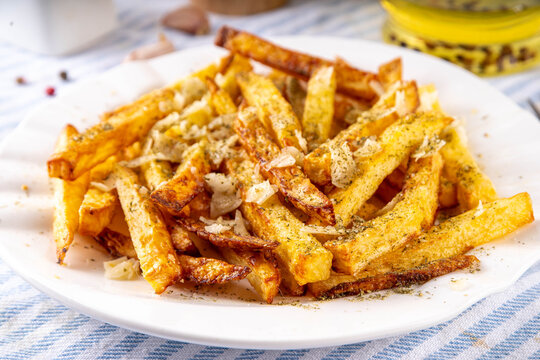 Homemade Garlic Parmesan French Fries, Air Fried Potato Wedges with Grated Parmesan, Garlic, Dried Herbs, tasty viral food recipe