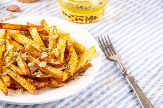 Homemade Garlic Parmesan French Fries, Air Fried Potato Wedges with Grated Parmesan, Garlic, Dried Herbs, tasty viral food recipe