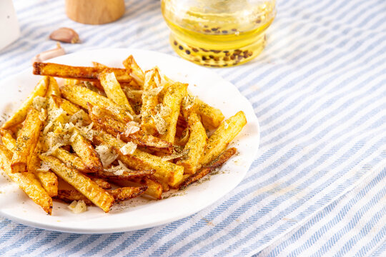 Homemade Garlic Parmesan French Fries, Air Fried Potato Wedges with Grated Parmesan, Garlic, Dried Herbs, tasty viral food recipe