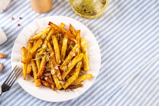 Homemade Garlic Parmesan French Fries, Air Fried Potato Wedges with Grated Parmesan, Garlic, Dried Herbs, tasty viral food recipe