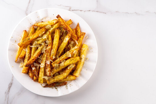 Homemade Garlic Parmesan French Fries, Air Fried Potato Wedges with Grated Parmesan, Garlic, Dried Herbs, tasty viral food recipe