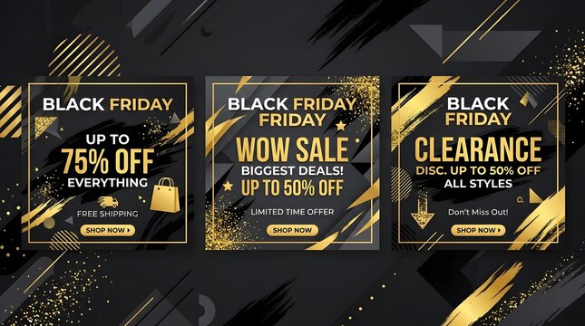 Set of three luxury black friday sale social media post templates featuring elegant gold and black geometric abstract background designs