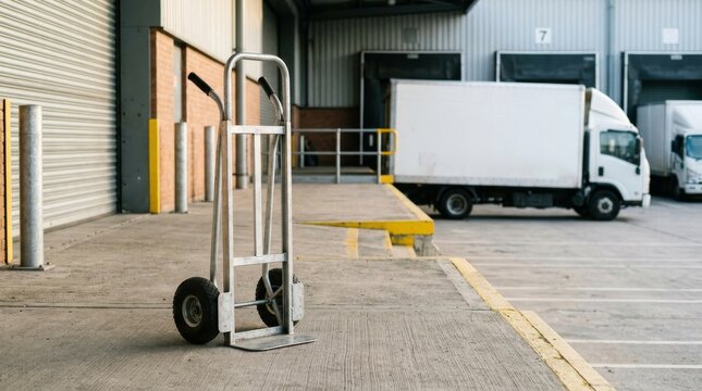 Empty hand truck trolley standing on a warehouse loading dock with delivery trucks.