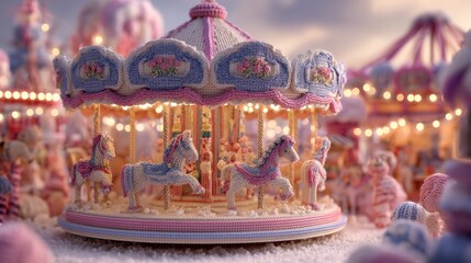 Fototapeta premium Whimsical knitted carousel featuring pastel horses and a floral canopy with warm bokeh lights in the background.