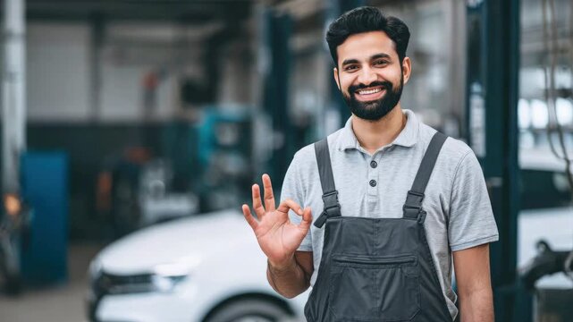 A confident and smiling auto mechanic in work clothes shows the "okay" sign in a bright workshop. Concept car repair, quality service