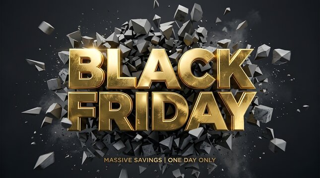 A luxury golden 3d text design for black friday sale events featuring a dark background with scattered stone debris particles